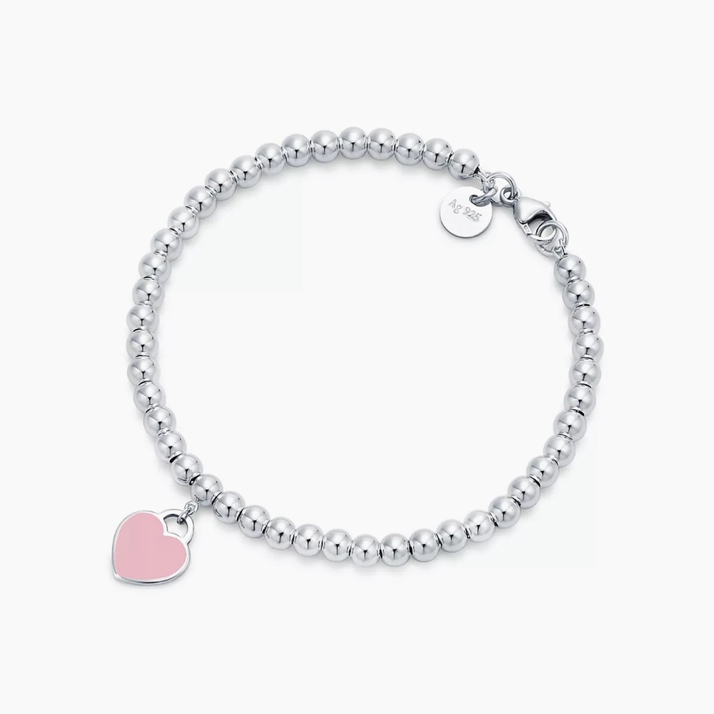 Pink Heart Tag Bead Bracelet
in Silver, 4 mm